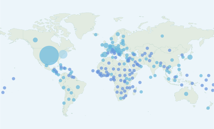 World map image with dots indicating the location of Overton's policy sources.