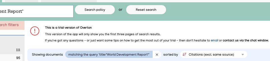 The search results for searching the 'Policy Documents' tab, using the term 'World Development Report'. There is a notification alerting the user that it is a Trial Version of Overton, and will only show them the first three pages of results.