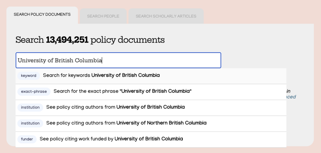 Searching for an organisation's research citations from the main dashboard