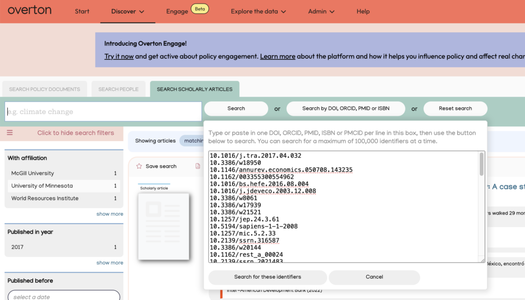 Example of a DOI search using the Search by DOI, ORCID, PMID or ISBN box