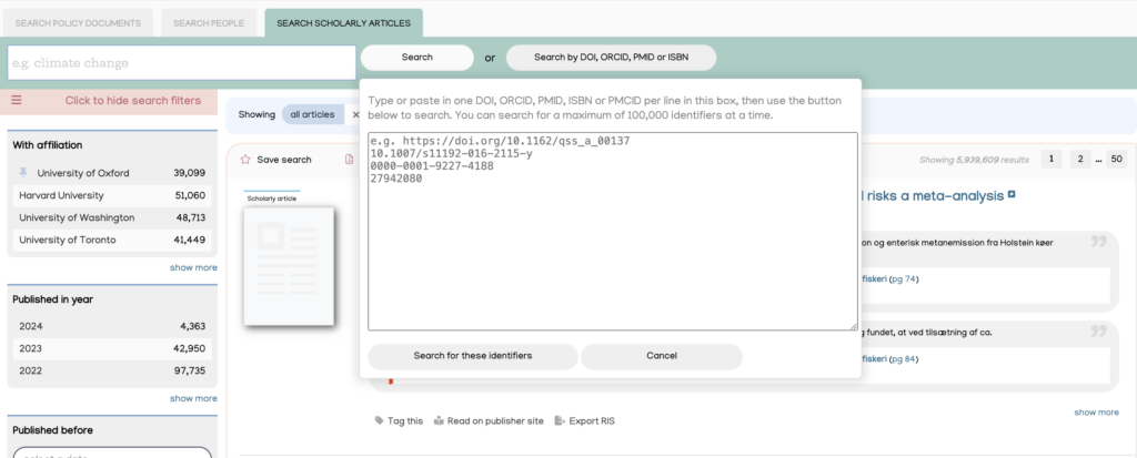 Example of different identifiers that users can search for using the 'Search by DOI, ORCID, PMID or ISBN' box