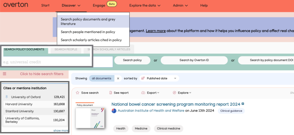 'Search policy documents and grey literature' search page, highlighting the filter 'cites or mention institution'. 