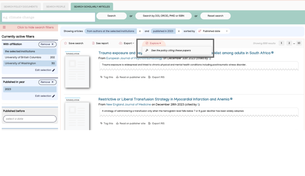 Example of what users can do with their search results and how they can see the policy citing the scholarly article results