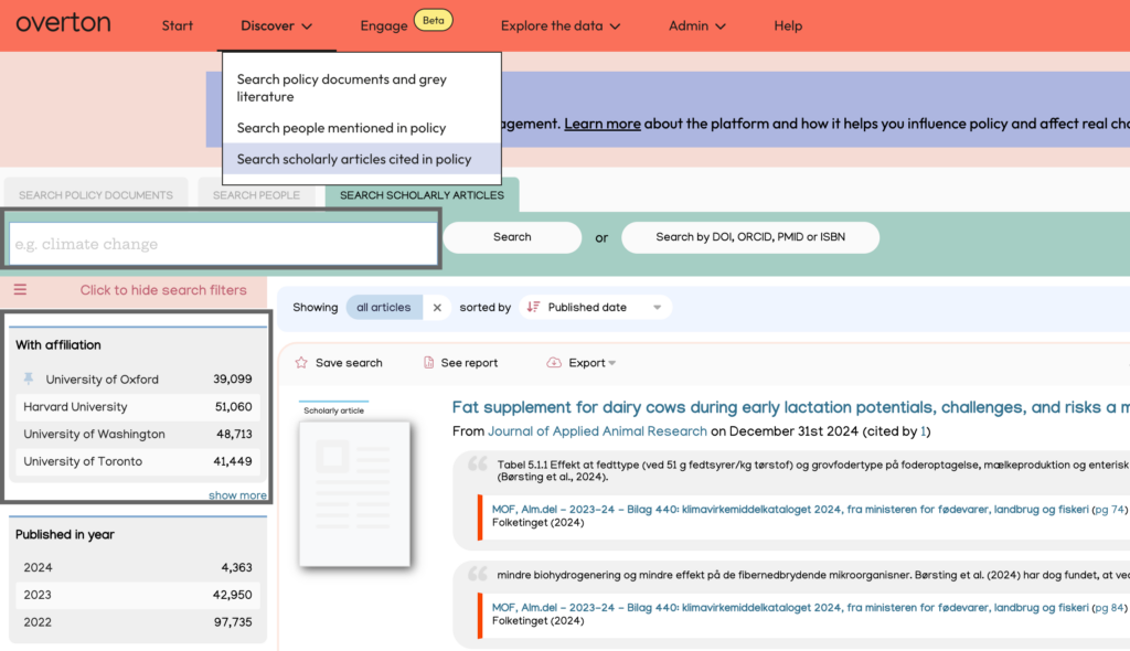 Search scholarly articles cited in policy search highlighting the 'With affiliation' filter as a way to search.