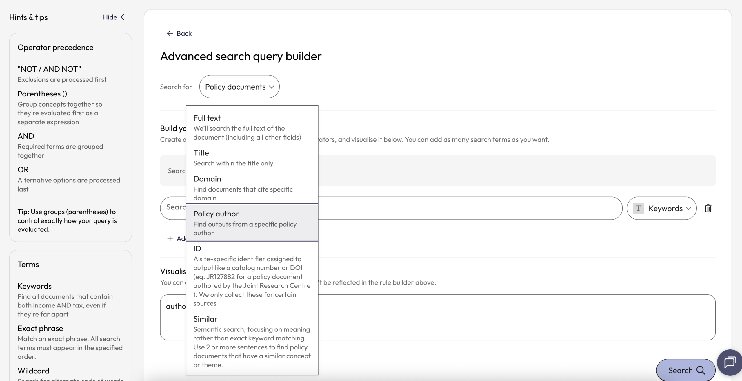Example exact phrase search