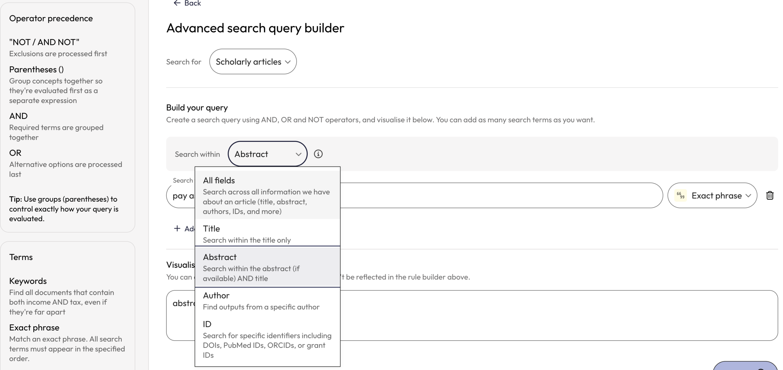 Example exact phrase search