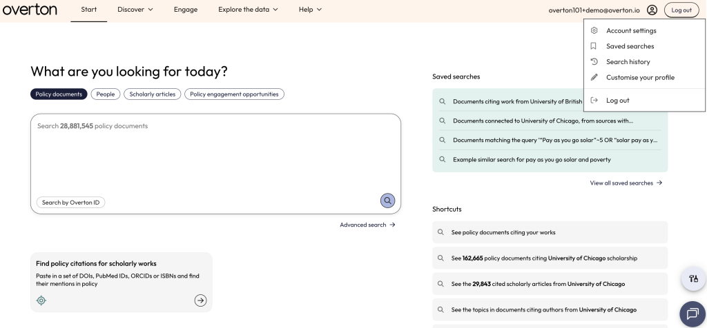 Image of Overton Start page with Account menu visible to show where to find search history